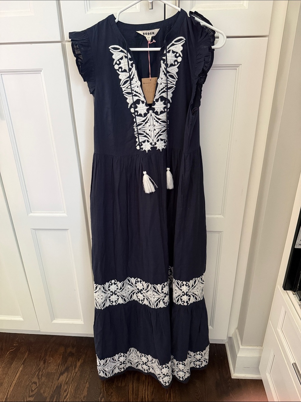 Boden Navy Dress with White Embroidered Tassel Detail